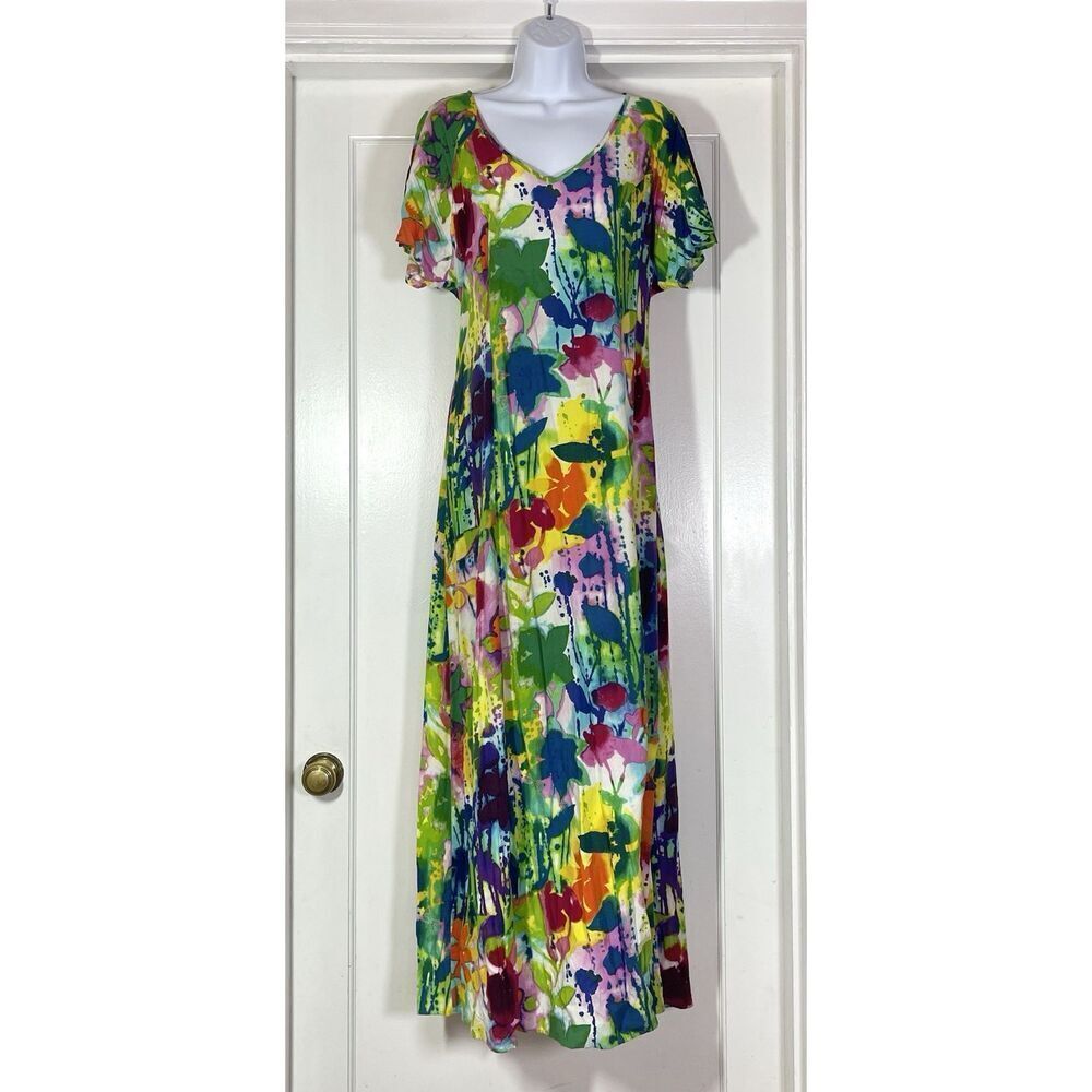 Vintage Jams World Maxi Short Sleeve Floral Garden Delight Dress Size M Hawaii